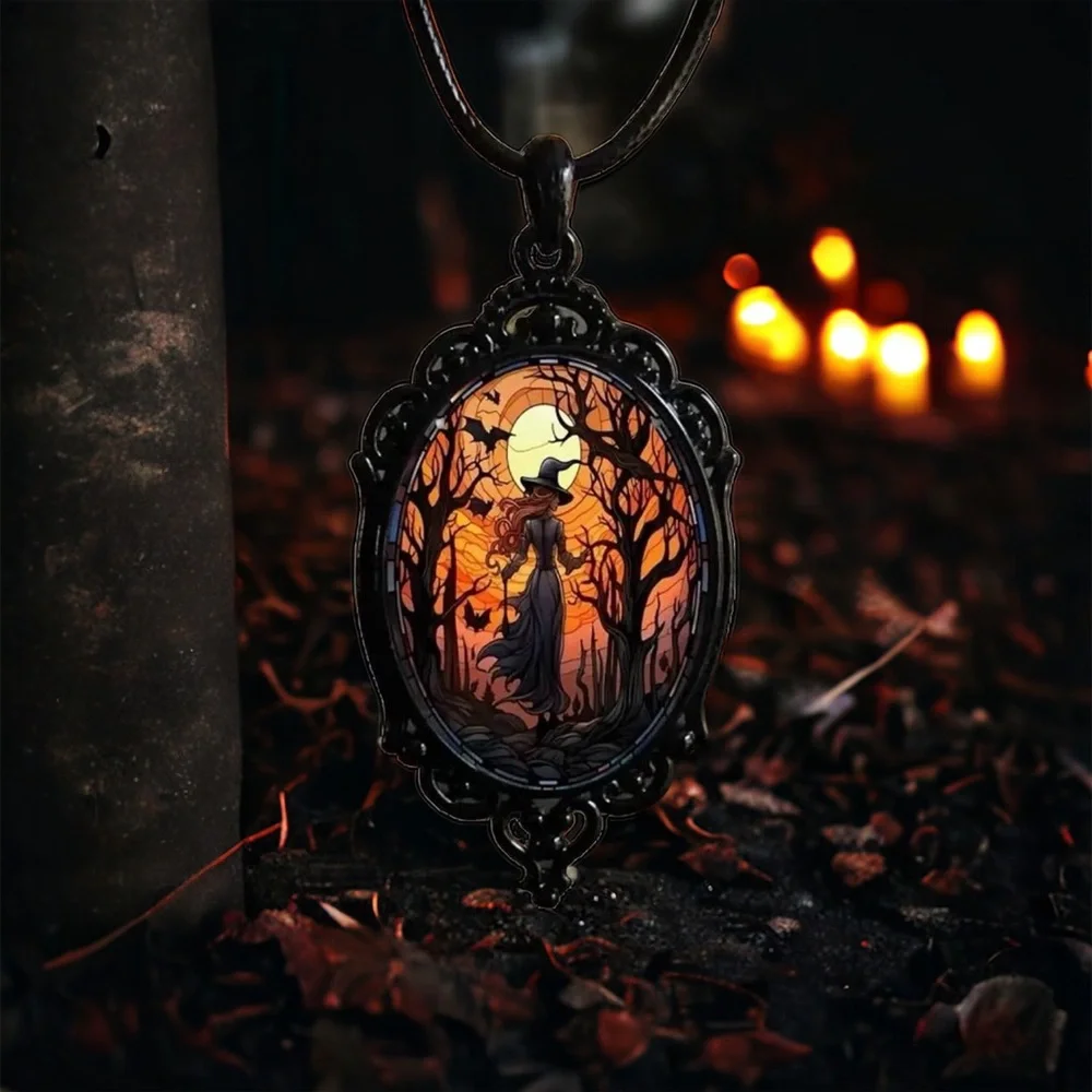 Retro Style Bat Witch Pendant Cameo Black Pendant  Necklace Gothic Glass Pendant